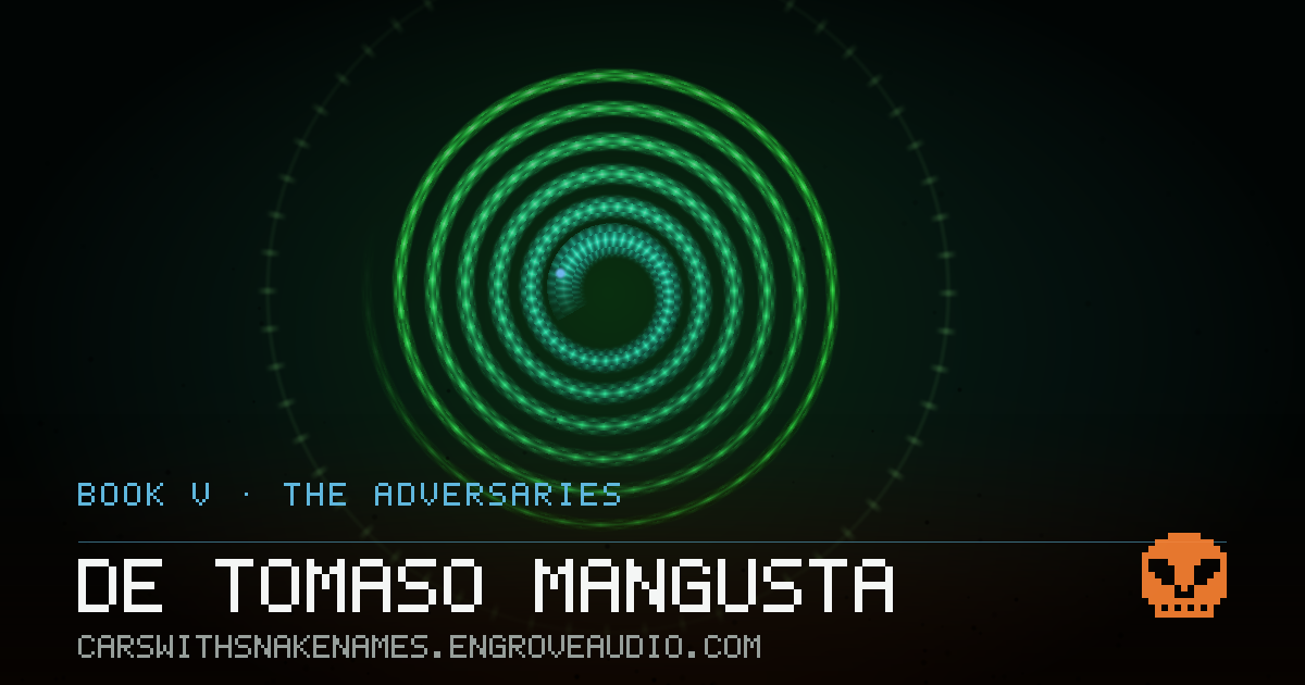 Procedurally generated serpent sigil for De Tomaso Mangusta, derived from its name